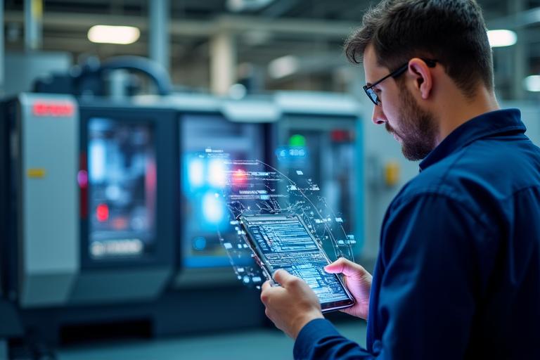 Engineer reviewing digital dashboard connected to industrial machinery